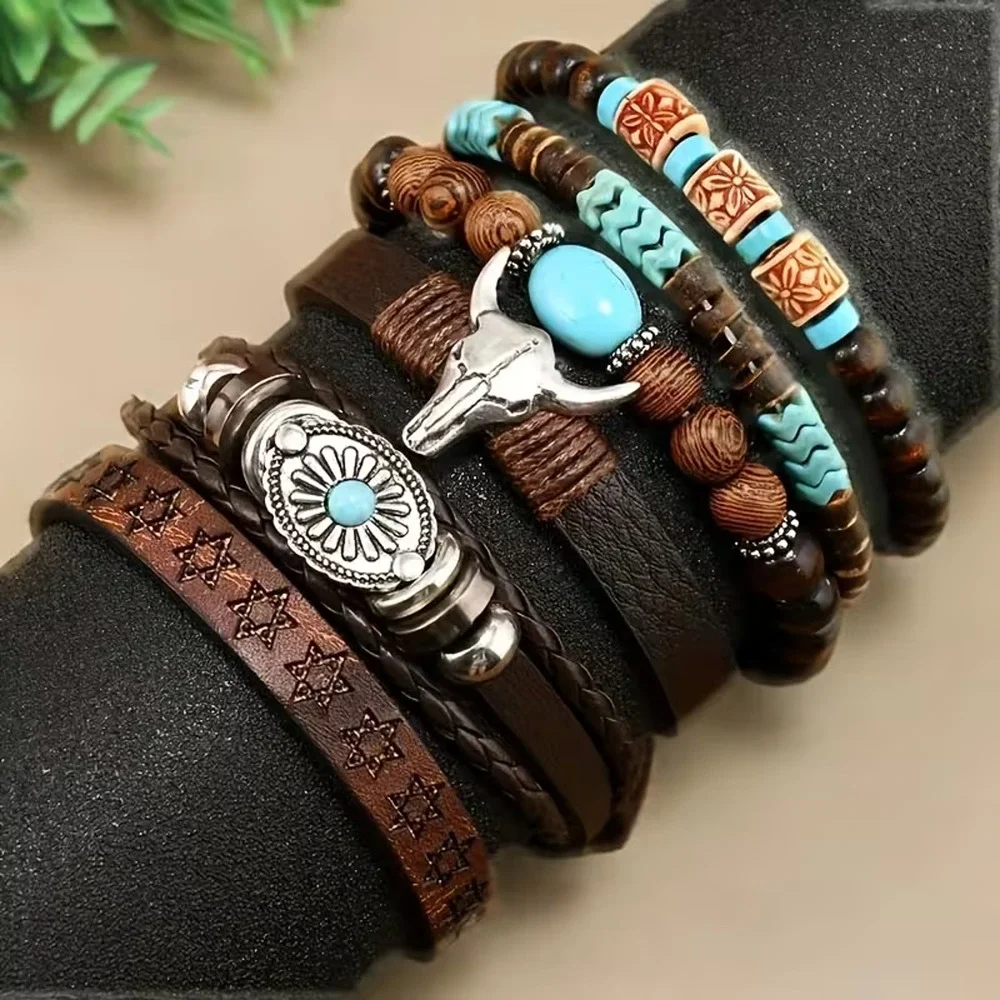 Women's 6 PC Bracelet Set Turquoise Western Bohemian Jewelry New Brown